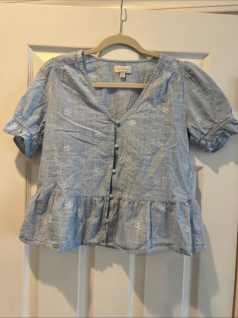 Lucky Brand Light Blue Embroidered Peplum Button-Up Top